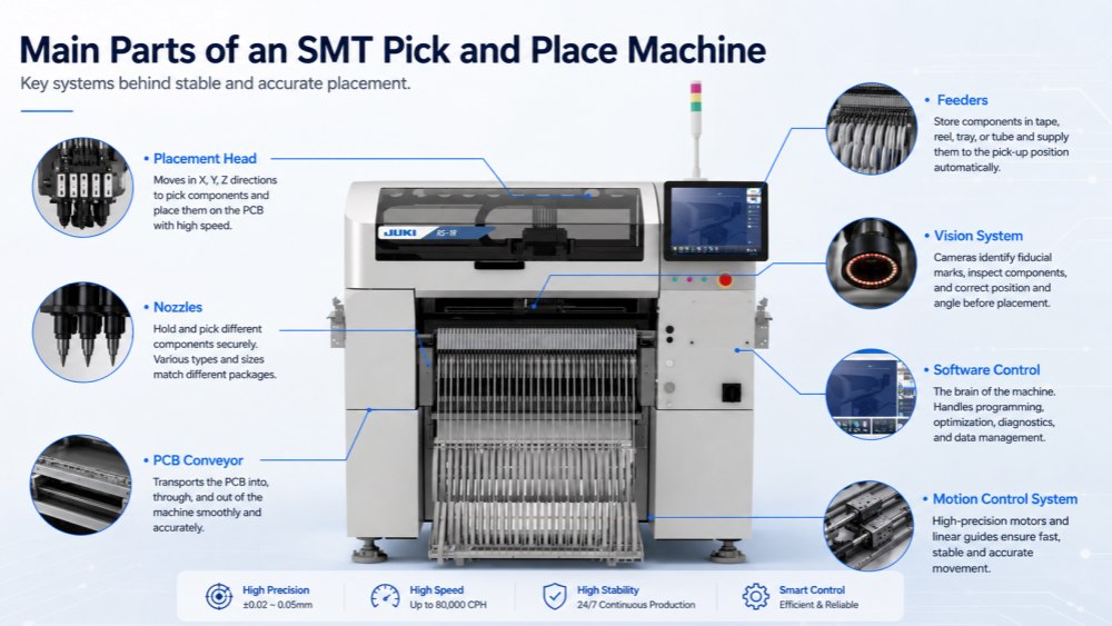Main Parts of SMT Pick and Place Machine Hoveddele af SMT Pick and Place Machine