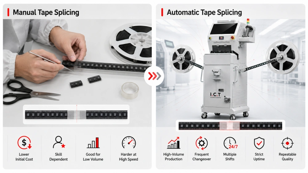Manuel vs automatisk tapesplejsningsproces.webp