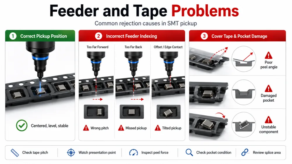 Feeder- og tapeproblemer er almindelige &aring;rsager til afvisning.webp